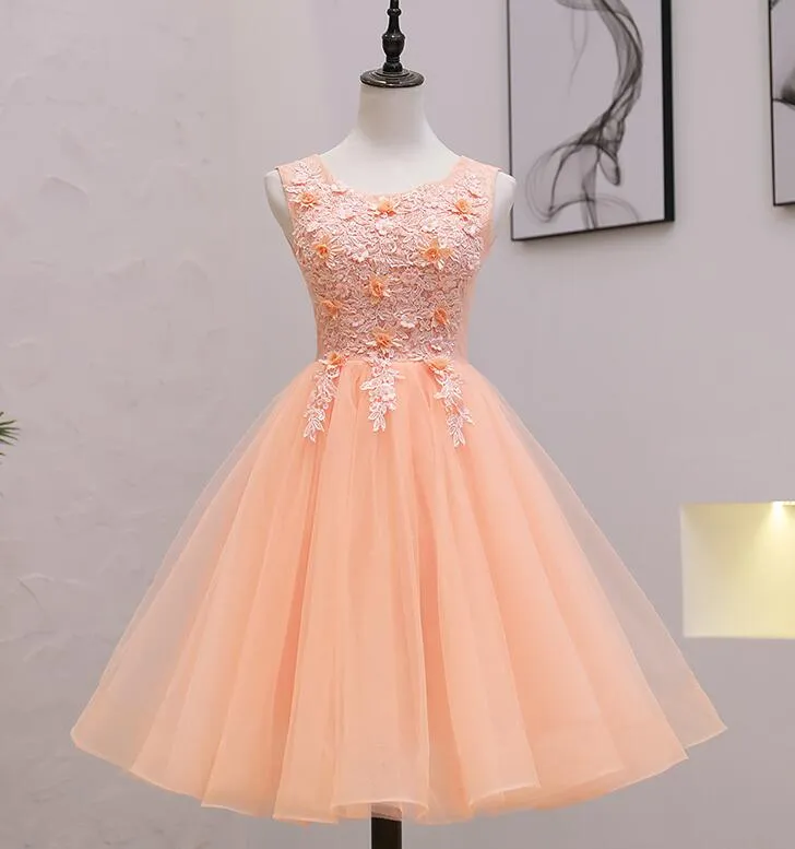 Cute Pink Flowers and Lace Applique Round Neckline Party Dress, Pink Homecoming Dress