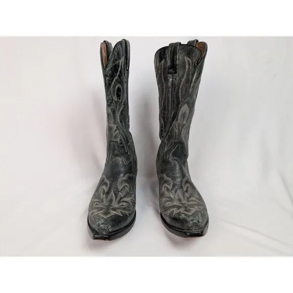 Dan Post Mens sz 10 B Black Crackle Leather Stitched Cowboy Boots Western Rodeo