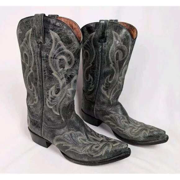 Dan Post Mens sz 10 B Black Crackle Leather Stitched Cowboy Boots Western Rodeo