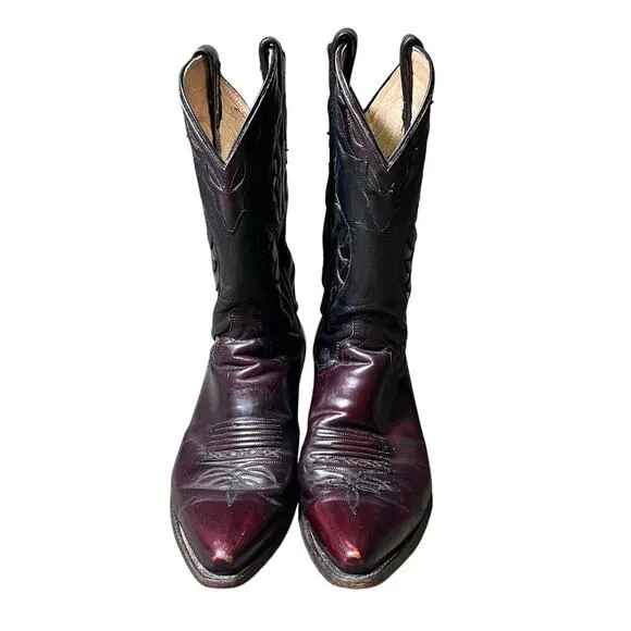 Dan Post Vintage Black Burgundy Leather Cowboy Boots Mens Size 9.5 EW Western