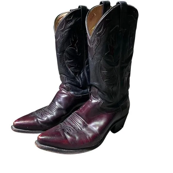 Dan Post Vintage Black Burgundy Leather Cowboy Boots Mens Size 9.5 EW Western