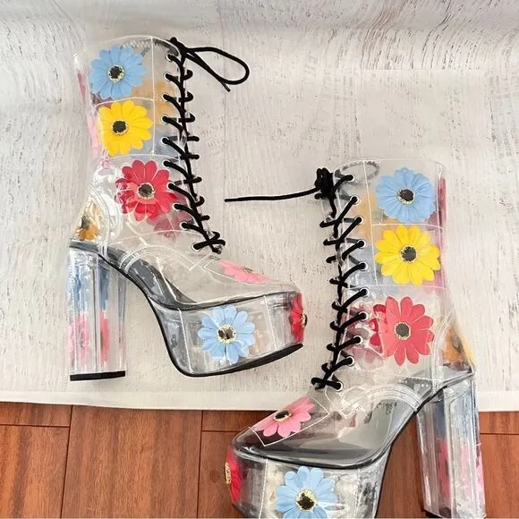 Delia*s Y2k groovy disco get your groove on PVC platform boots Sz 7
