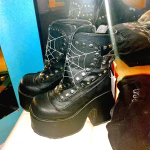 Demonia Black Platform Boots with Spider Web Design
