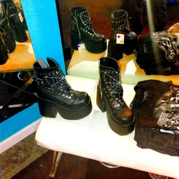 Demonia Black Platform Boots with Spider Web Design