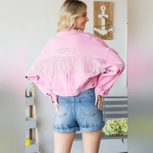 Denim Jacket Chain Cropped Distressed Frayed Denim Holes Button Up Veveret