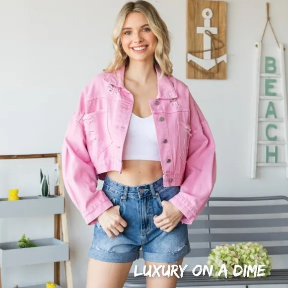 Denim Jacket Chain Cropped Distressed Frayed Denim Holes Button Up Veveret
