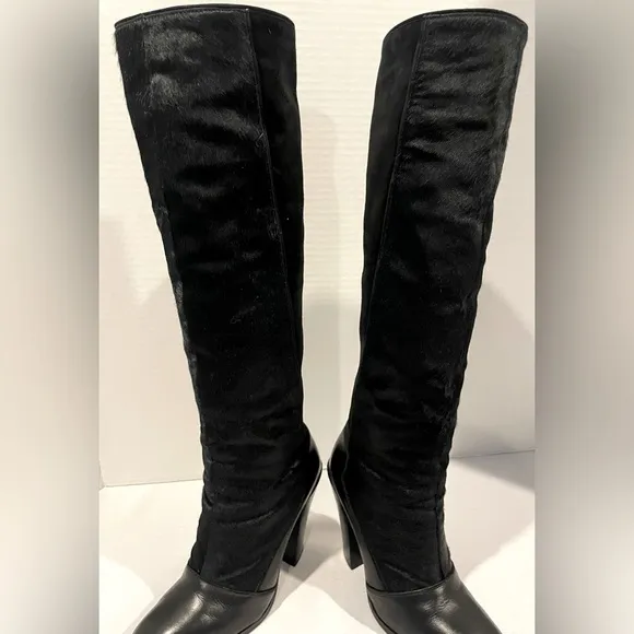 DEREK LAM 10 CROSBY Carmen Black Calf Hair Suede Leather Heeled Boot Womens 7