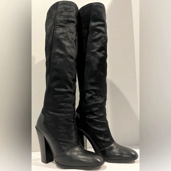 DEREK LAM 10 CROSBY Carmen Black Calf Hair Suede Leather Heeled Boot Womens 7