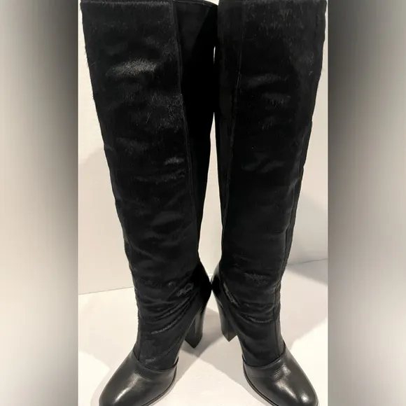DEREK LAM 10 CROSBY Carmen Black Calf Hair Suede Leather Heeled Boot Womens 7