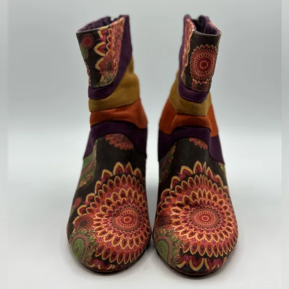 Desigual Women's Galicia Velvet Suede Booties Multi-colored Patterned Size 39