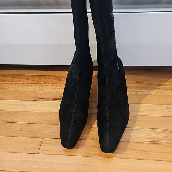 Diane Von Furstenberg Silk Assets Black Suede Beaded Sequin Boots Sz 6.5 NEW