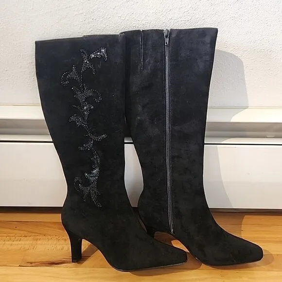 Diane Von Furstenberg Silk Assets Black Suede Beaded Sequin Boots Sz 6.5 NEW