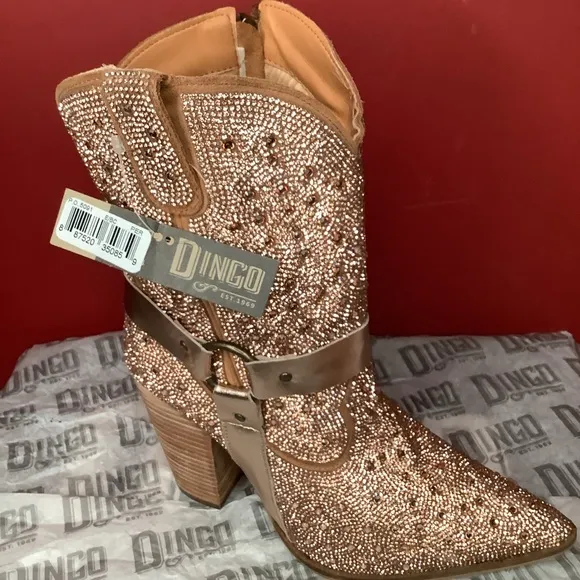DINGO NWT Crown Jewel Sz10 Rose Gold Sparkly Western Boots 4”Stacked Hee…