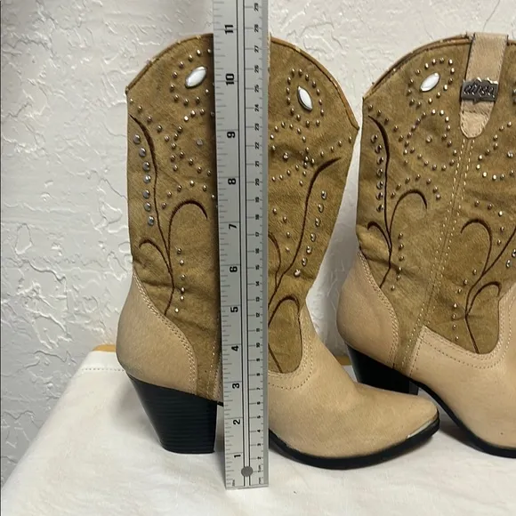 Dingo Tan Suede Leather Silver Rhinestone Studded Embroidery Heel Cowgirl Boots