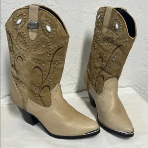 Dingo Tan Suede Leather Silver Rhinestone Studded Embroidery Heel Cowgirl Boots
