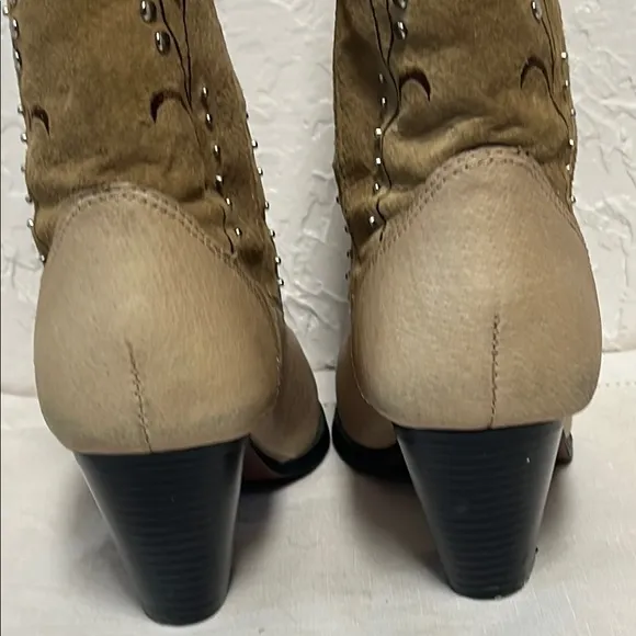 Dingo Tan Suede Leather Silver Rhinestone Studded Embroidery Heel Cowgirl Boots