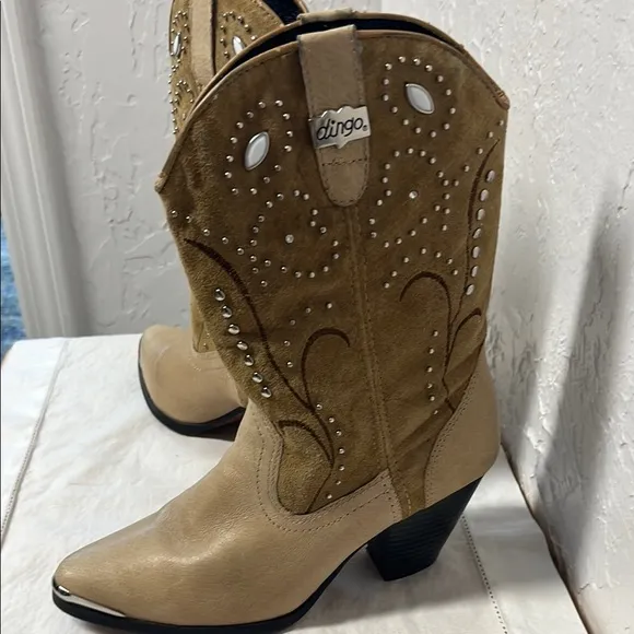 Dingo Tan Suede Leather Silver Rhinestone Studded Embroidery Heel Cowgirl Boots