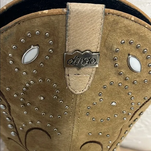 Dingo Tan Suede Leather Silver Rhinestone Studded Embroidery Heel Cowgirl Boots