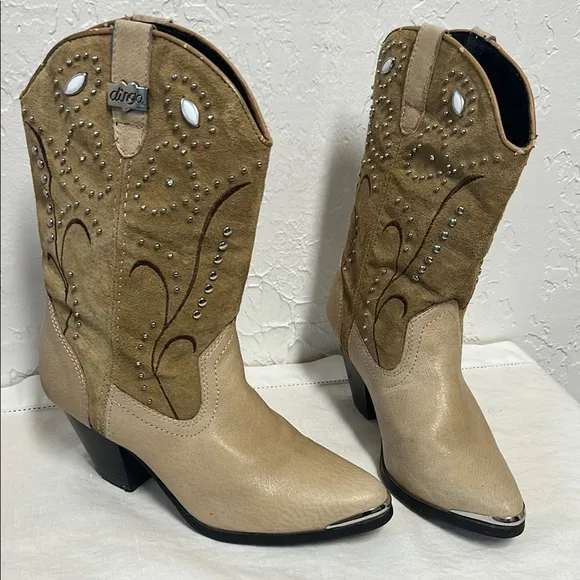 Dingo Tan Suede Leather Silver Rhinestone Studded Embroidery Heel Cowgirl Boots