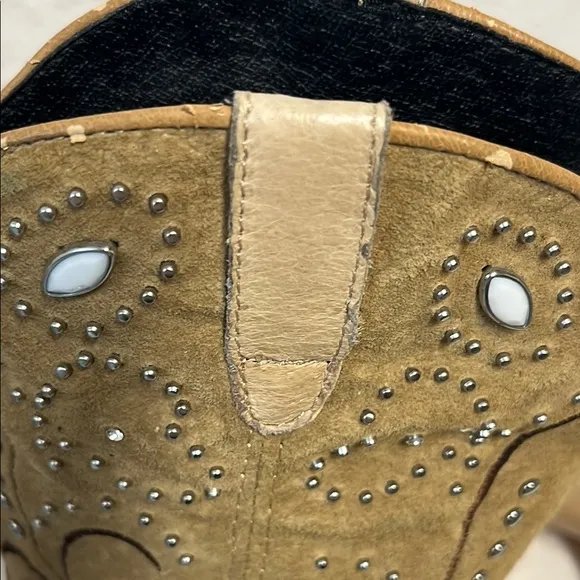 Dingo Tan Suede Leather Silver Rhinestone Studded Embroidery Heel Cowgirl Boots