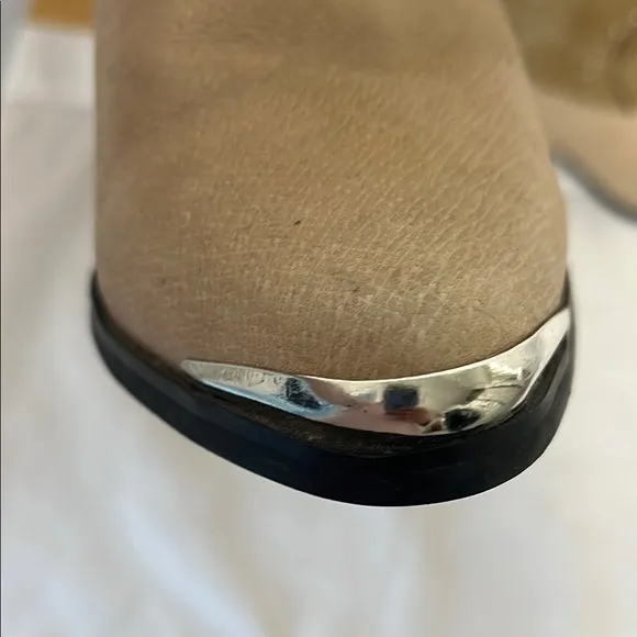 Dingo Tan Suede Leather Silver Rhinestone Studded Embroidery Heel Cowgirl Boots