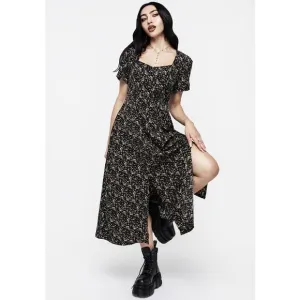 Disturbia Gardenia Floral Print Split Midi Maxi Dress Women’s 4 Black Whimsigoth