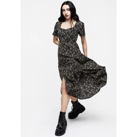 Disturbia Gardenia Floral Print Split Midi Maxi Dress Women’s 4 Black Whimsigoth