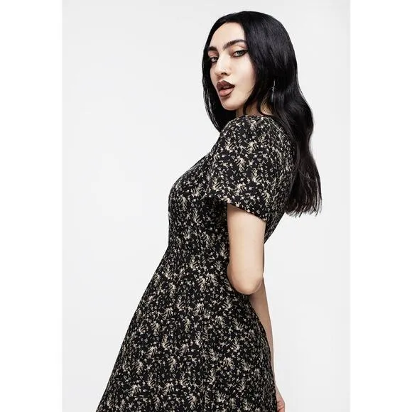 Disturbia Gardenia Floral Print Split Midi Maxi Dress Women’s 4 Black Whimsigoth