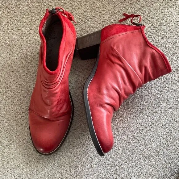 Dkode Red Leather &amp; Suede Back Zip Ankle Boots Booties EU41