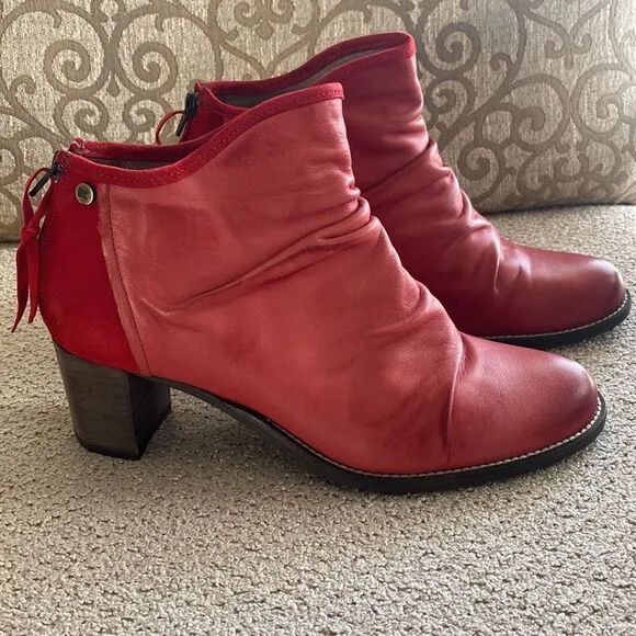 Dkode Red Leather &amp; Suede Back Zip Ankle Boots Booties EU41