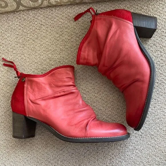 Dkode Red Leather &amp; Suede Back Zip Ankle Boots Booties EU41