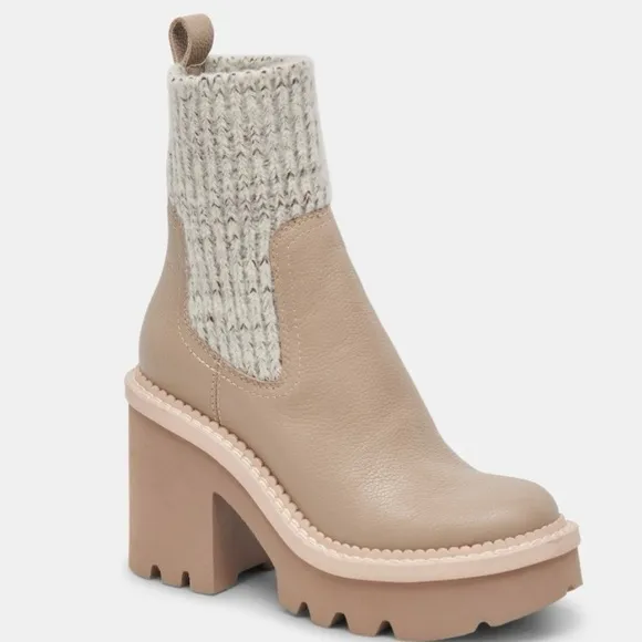 Dolce Vita Drago Taupe Leather Boots, Size 12, Women's Lug Platform Heeled Shoes