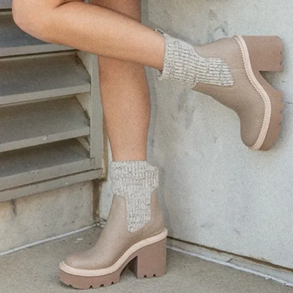 Dolce Vita Drago Taupe Leather Boots, Size 12, Women's Lug Platform Heeled Shoes