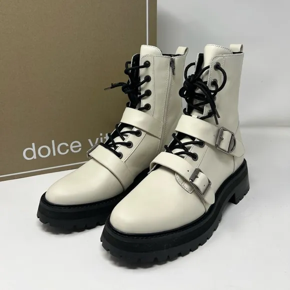 Dolce Vita Ronson Off White Leather Moto Combat  Boots | NIB Size 7