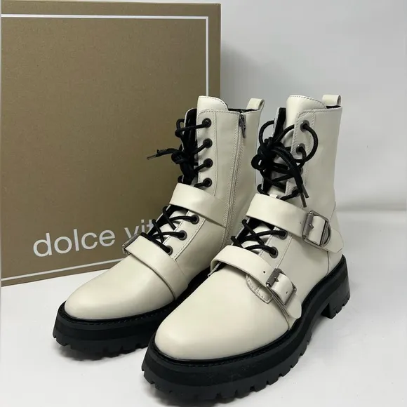 Dolce Vita Ronson Off White Leather Moto Combat  Boots | NIB Size 7