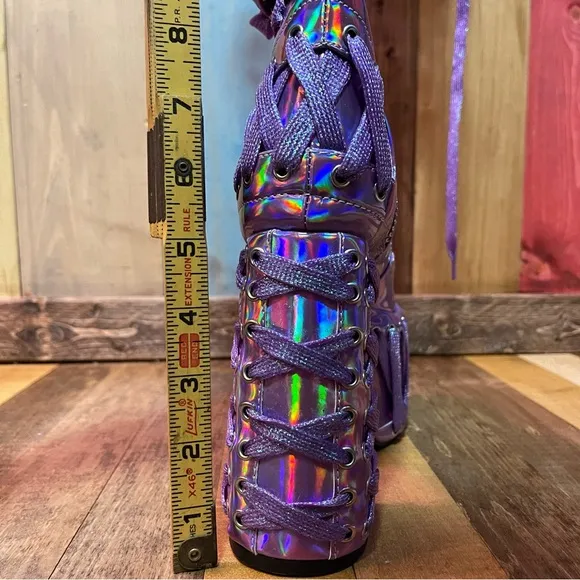 Dolls Kill Club Exx RUDE AWAKENING THIGH HIGH BOOTS - PURPLEHOLOGRAPHIC In BOX