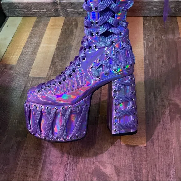 Dolls Kill Club Exx RUDE AWAKENING THIGH HIGH BOOTS - PURPLEHOLOGRAPHIC In BOX