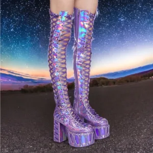 Dolls Kill Club Exx RUDE AWAKENING THIGH HIGH BOOTS - PURPLEHOLOGRAPHIC In BOX