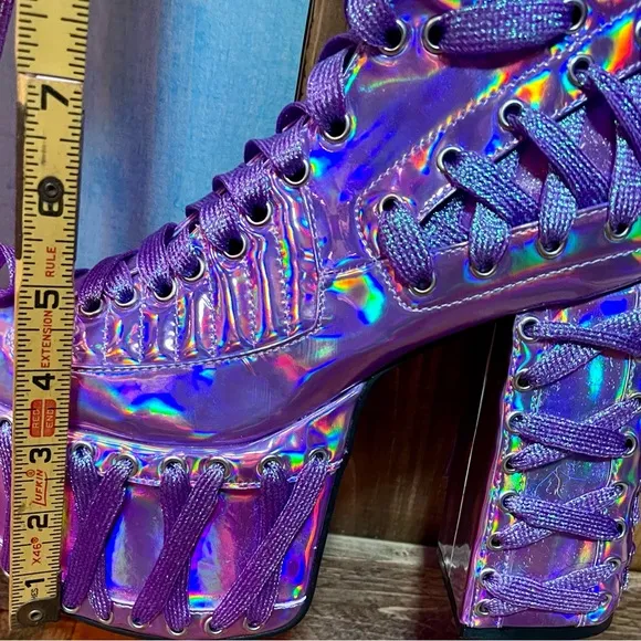 Dolls Kill Club Exx RUDE AWAKENING THIGH HIGH BOOTS - PURPLEHOLOGRAPHIC In BOX