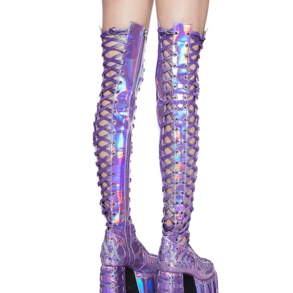 Dolls Kill Club Exx RUDE AWAKENING THIGH HIGH BOOTS - PURPLEHOLOGRAPHIC In BOX