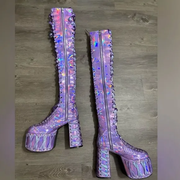 Dolls Kill Club Exx RUDE AWAKENING THIGH HIGH BOOTS - PURPLEHOLOGRAPHIC In BOX