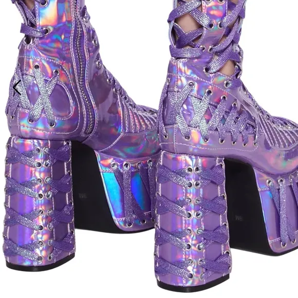 Dolls Kill Club Exx RUDE AWAKENING THIGH HIGH BOOTS - PURPLEHOLOGRAPHIC In BOX