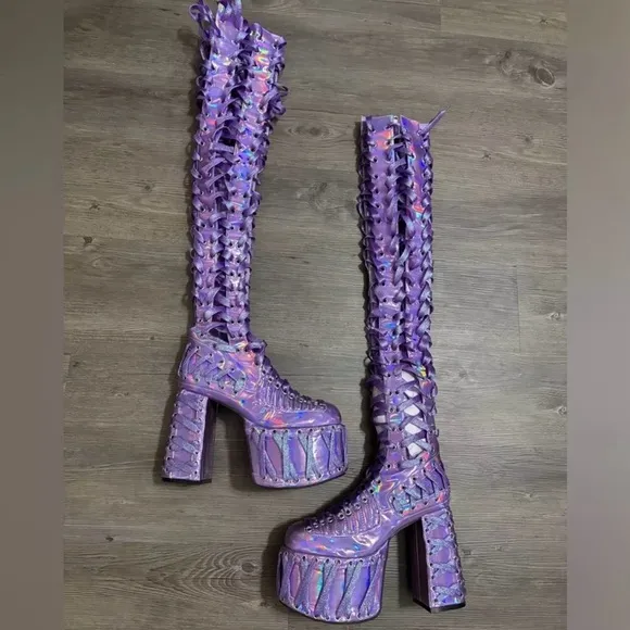 Dolls Kill Club Exx RUDE AWAKENING THIGH HIGH BOOTS - PURPLEHOLOGRAPHIC In BOX