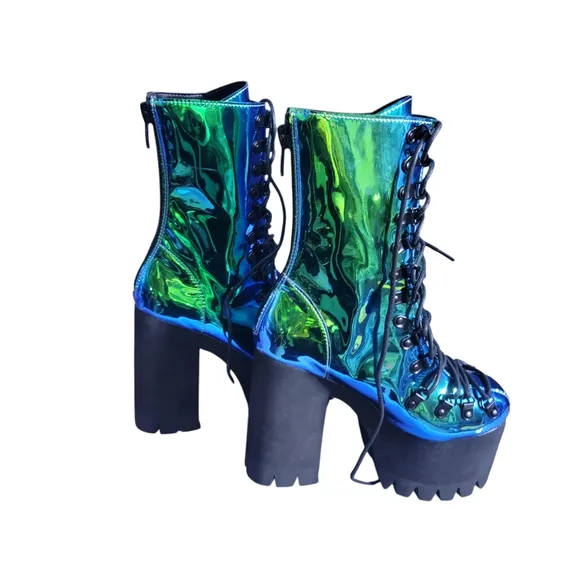 Dolls Kill Iridescent Green Blue Platform Boots