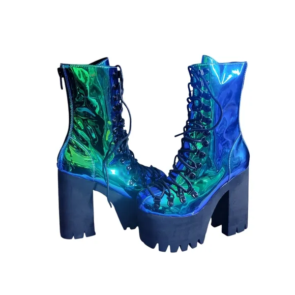 Dolls Kill Iridescent Green Blue Platform Boots