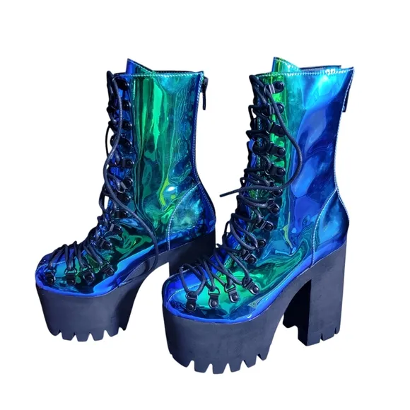 Dolls Kill Iridescent Green Blue Platform Boots