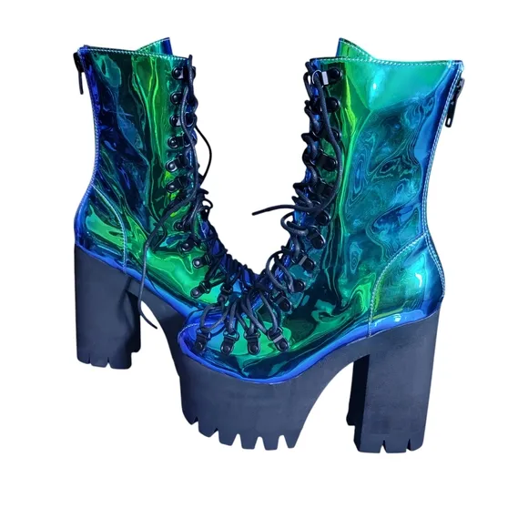 Dolls Kill Iridescent Green Blue Platform Boots
