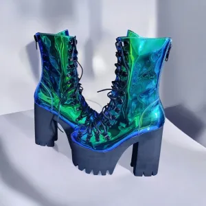 Dolls Kill Iridescent Green Blue Platform Boots