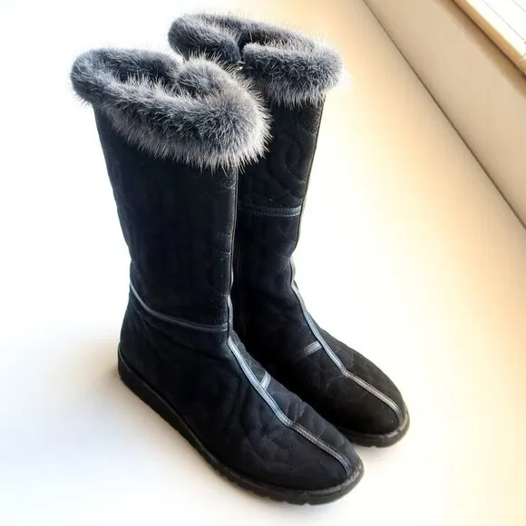 Donald J. Pliner Black Fur Top Low Wedge Quilted Half Calf Winter Boots Size 6
