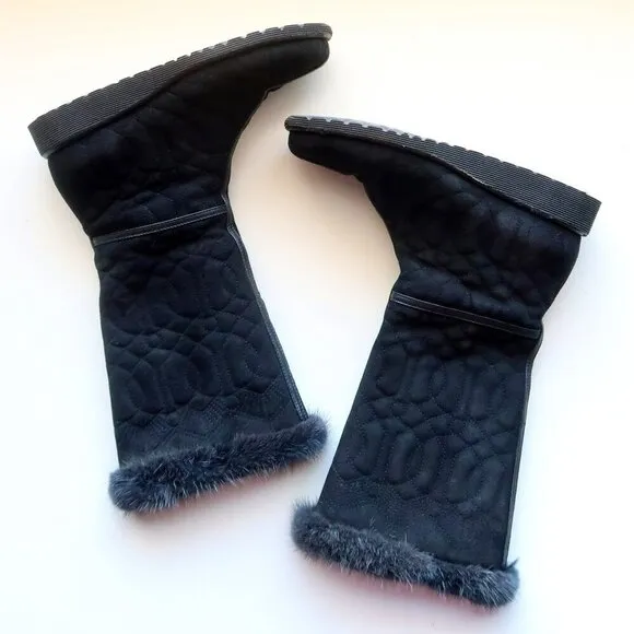 Donald J. Pliner Black Fur Top Low Wedge Quilted Half Calf Winter Boots Size 6